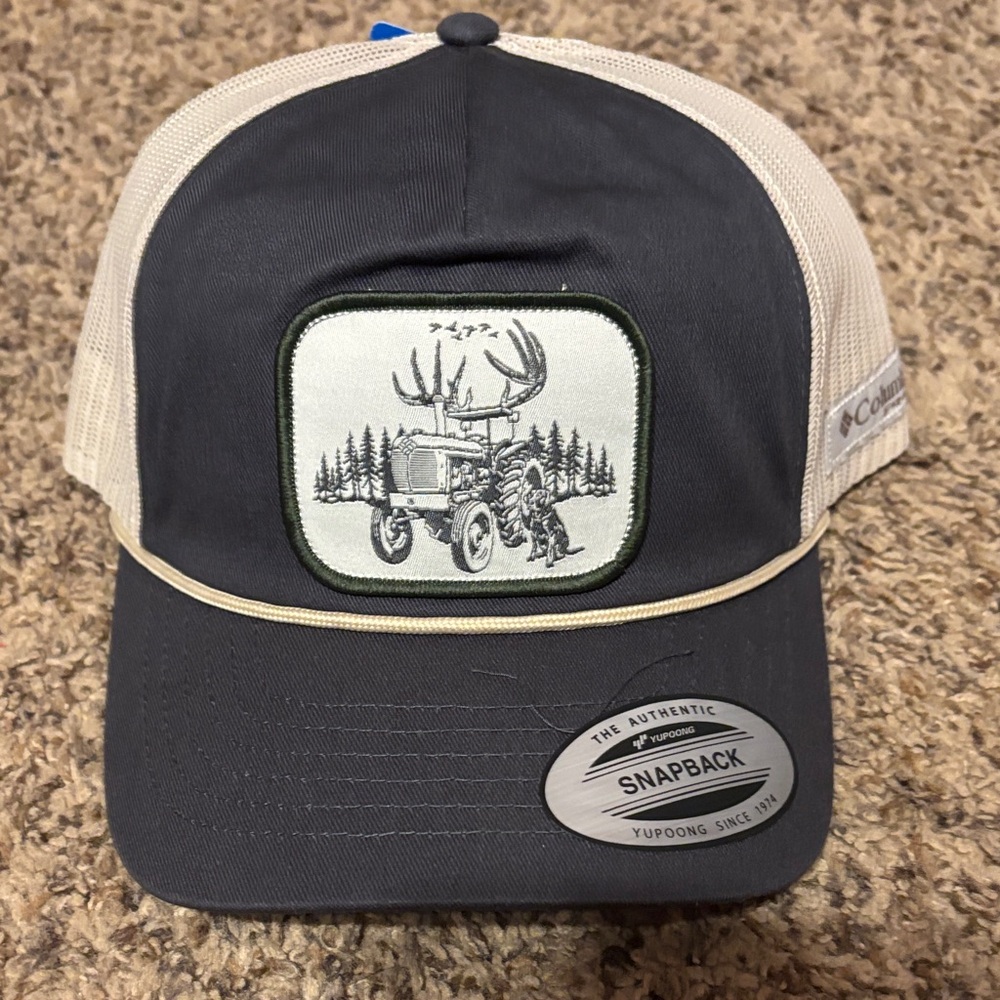 NET Columbia dark grey and Tan Snapback Hat With forest,  tractor and dog